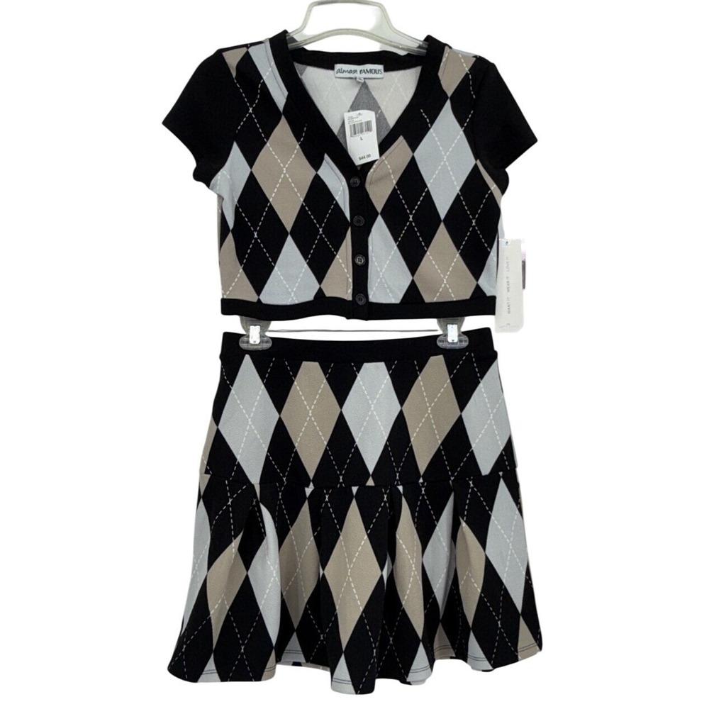 Y2K Almost Famous Argyle Mini Skirt/Top Jr. L Preppy Girl Clueless Academia 90's